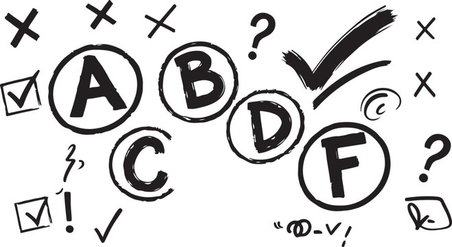 A set of black hand-drawn letters A, B, C, D, and F inside circles, accompanied by red checkmarks, crosses, and question marks on a white background