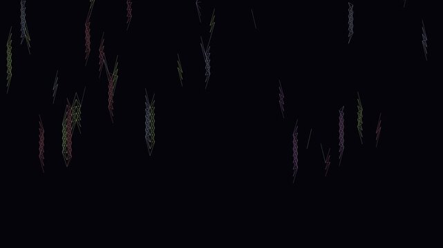 Abstract lightning bolts falling down a dark background, digital energy particles creating a dynamic animated effect, modern technology concept motion graphic.