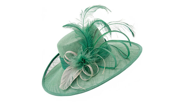Elegant green fascinator hat accessory with mesh and feathers isolated on transparent background cut out