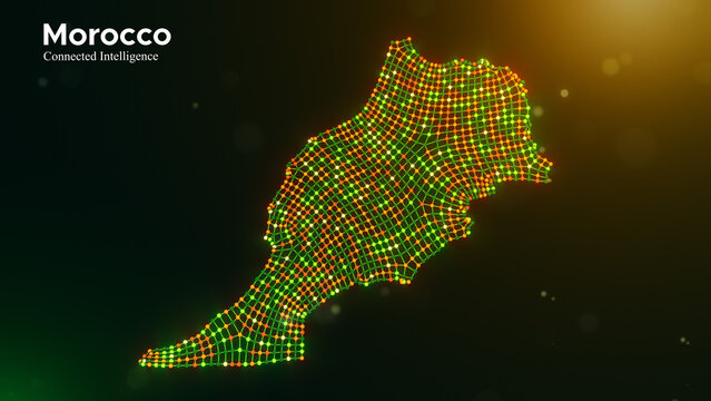 Stylized Morocco map created from illuminated dotted mesh with glowing green, yellow, and orange nodes, complemented by Connected Intelligence text on a cinematic bokeh technology background.