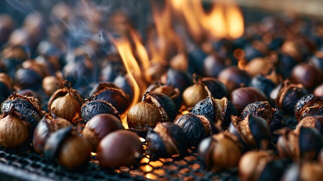 Close-up of roasting chestnuts on a metal grill over open flames, with charred shells splitting open in warm autumn tradition.