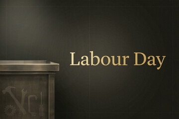 Labour Day greeting on dark textured background, elegant gold typography for international workers day, industrial tool icons on rustic wooden surface