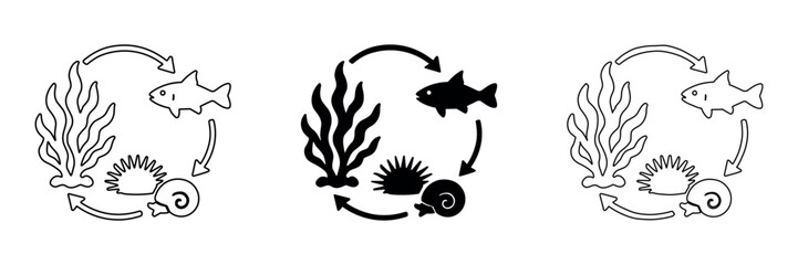 Marine ecosystem cycle icons showing fish, seaweed, sea urchin, and snail in different styles © Ophelia