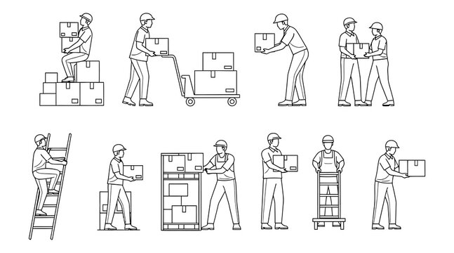 Warehouse workers loading boxes with trolley, ladder and pallet jack.