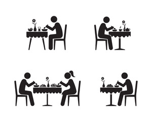 Fototapeta premium Simple stick figures enjoying meals at tables representing various dining scenarios and eating experiences