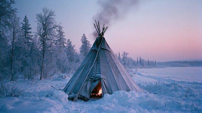 A traditional Sami lavvu tent glowing with inner fire and rising smoke in a snowy arctic wilderness at twilight.