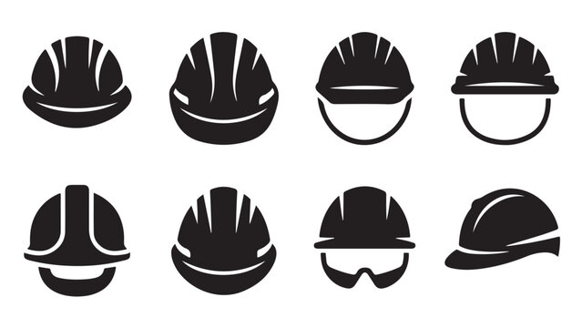 Black safety helmets and hard hats on white background