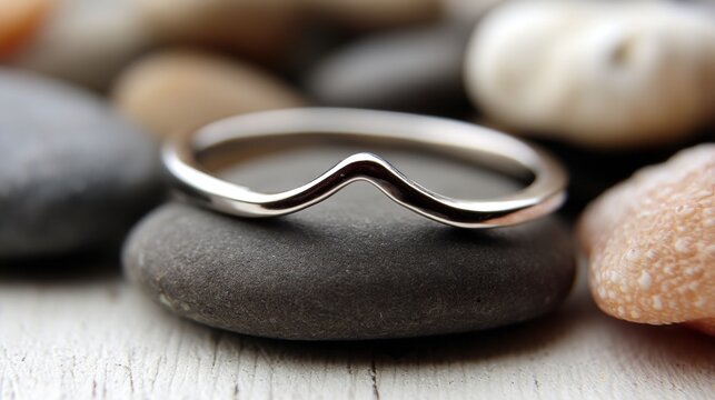 A silver ring with a V-shaped band is displayed on a wooden surface.
