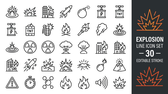 30 explosion line icons with editable stroke for safety, hazard, disaster, and creative design projects.