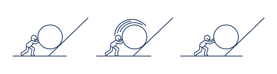Business Challenge Outline Symbols with Stick Figure Moving Large Boulder Up Hill for Motivation Concept © ARIF AHMED 05