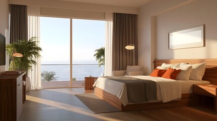 Fototapeta premium Luxurious hotel suite offering a serene ocean view bathed in warm natural light during a tropical getaway