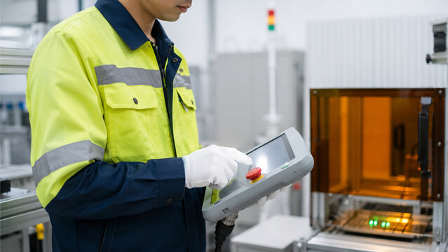 Industrial Technician Operating Automated Manufacturing Machine with Control Panel in Smart Factory
