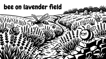 Honey bee on lavender field landscape environment with aromatic botanical scenery pollination ecosystem and peaceful countryside atmosphere for nature themes and commercial vector illustration design © Ethan