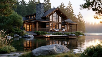 Fototapeta premium Luxurious log cabin home on a placid lake with a private dock, surrounded by pine trees at sunrise