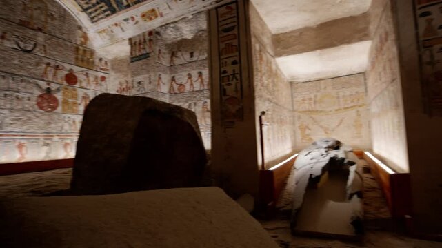 Broken stone sarcophagus of an ancient Egyptian pharaoh Ramesses inside a royal burial chamber of royal tomb KV 9, Valley of the Kings, Luxor, Egypt.