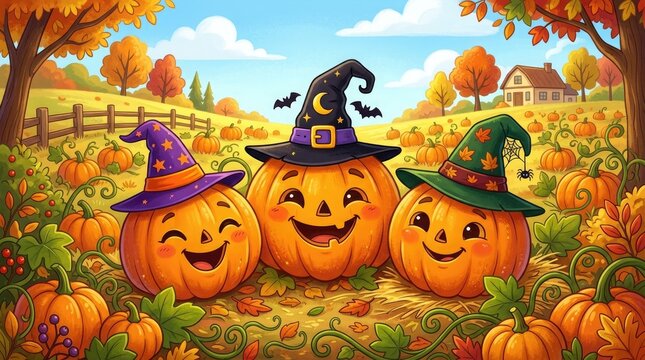 Three happy smiling pumpkins wearing colorful witch hats in a sunny autumn pumpkin patch farm field for halloween Vector
