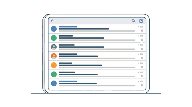Minimalist tablet interface showing notification list with colorful circular avatars and text lines for mobile app design
