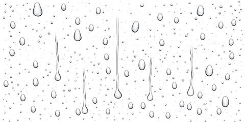 Natural rain water drops flowing down glass window pane with raindrops condensation transparent abstract background moisture backdrop environmental seasonal precipitation transparency © Muhammad