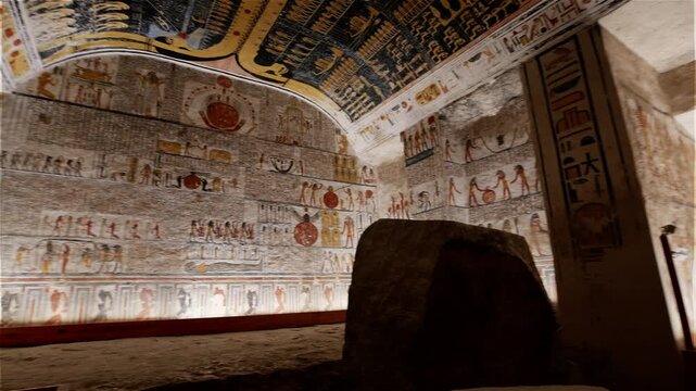Broken stone sarcophagus of an ancient Egyptian pharaoh Ramesses inside a royal burial chamber of royal tomb KV 9, Valley of the Kings, Luxor, Egypt.