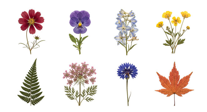 Set of dried pressed flowers and foliage on a transparent background PNG