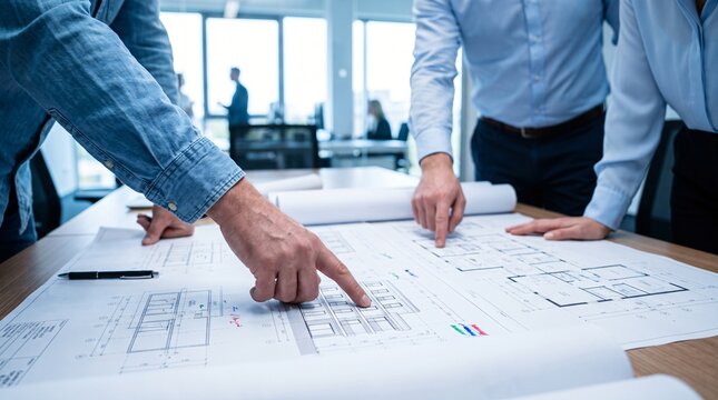 Group of architects analyzing architectural technical drawings on a large wooden meeting desk.