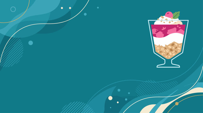 A vibrant graphic illustration of a layered dessert parfait in a glass, set against an abstract teal background with flowing shapes and golden accents.