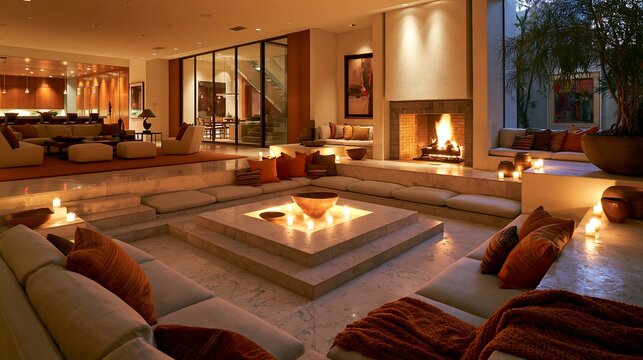 Living area showcasing a cozy sunken lounge with soft pillows arranged around a central fire pit display.
