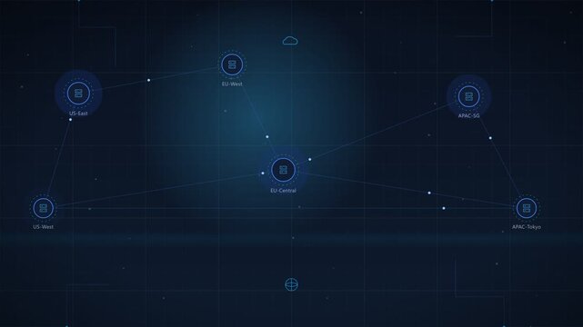 Digital Data Transfer Across a Global Cloud Server Network in Blue Tech Style
