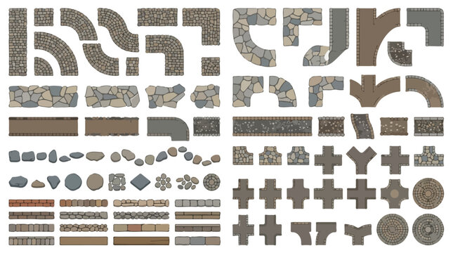 Stone walkway and garden path kit, modular paving stones and cobblestone road elements, landscape design vector set for architectural maps isolated PNG with Transparent Background