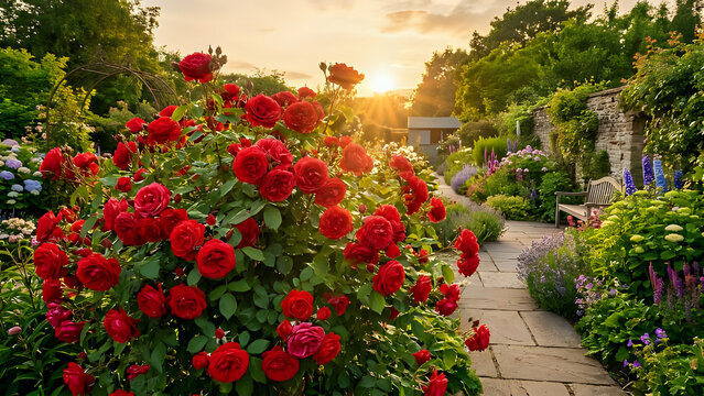 Red roses blooming in a lush garden during a warm golden sunset with sunlight botanical colorful landscape gardening backyard