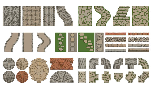 Cobblestone garden path vector set, stone walkway and pavement textures, 40 landscape design elements for park and patio mapping isolated PNG with Transparent Background