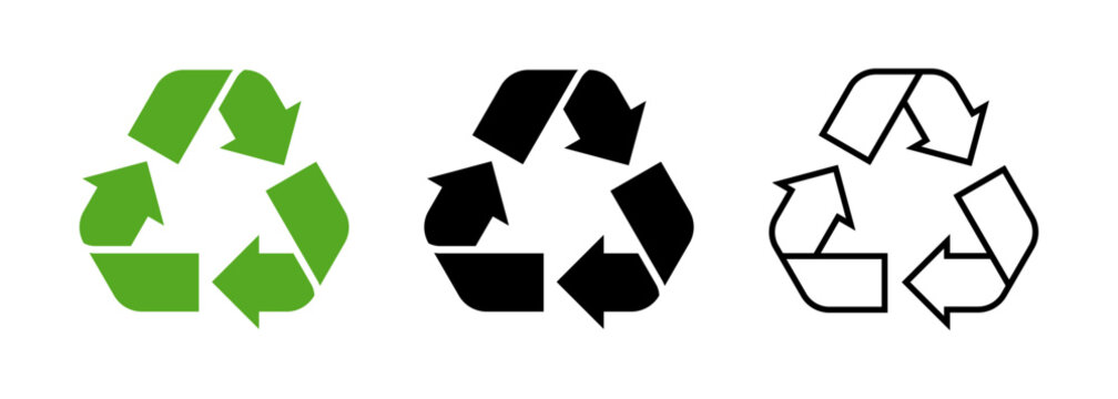 Recycle symbol icons on transparent background, PNG. Recycle vector logo with flat green, solid black and black outline.