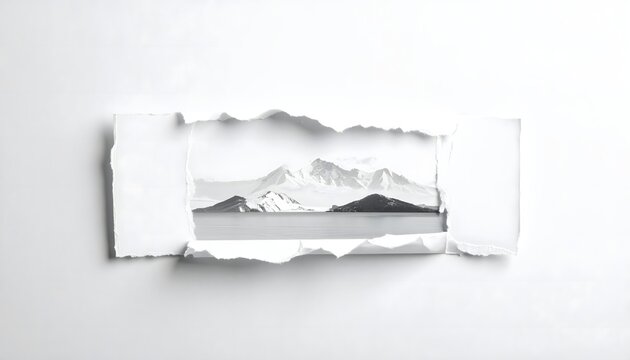 Paisaje de monta&ntilde;as visible a trav&eacute;s de una abertura de papel rasgado sobre fondo blanco en composici&oacute;n art&iacute;stica minimalista