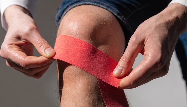 Hands apply red kinesiology tape across a bent knee in bright light, useful for sports medicine, injury recovery, physical therapy, and fitness care promotions.