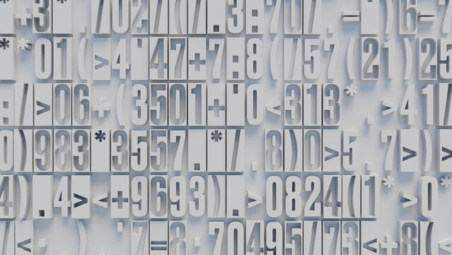 Abstract Arrangement of Varied Sizes and Orientations of White and Gray Numbers and Symbols on a White Background for Modern Decor and Educational Illustrations
