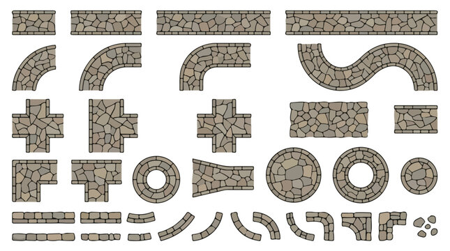Stone path vector kit, cobblestone walkway construction set for game design, grey rock pavement tiles and modular garden road elements isolated PNG with Transparent Background