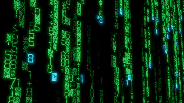 Illuminated Green and Blue Digital Pattern with Complex Shapes and Lines on Dark Background, Ideal for User Experience Design and Technology Visuals