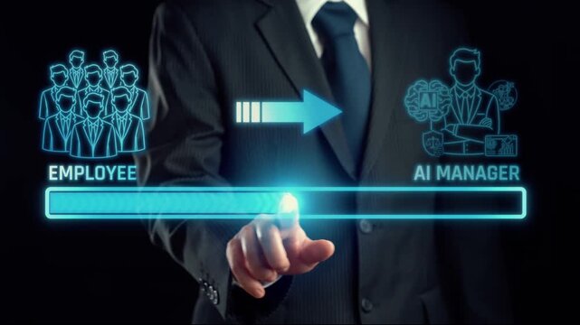 Business Professional Pointing Towards Transition from Employee to AI Manager in Modern Corporate Environment. Liminal.