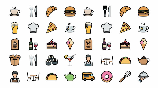 Collection of food, drink, and restaurant icons in a flat line style