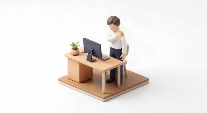 ひどい肩こりや肩の痛みに悩む男性ビジネスパーソンの3Dイラスト
