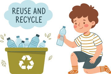 Cute cartoon boy putting plastic bottles into a green recycling bin flat vector illustration for eco friendly and sustainability concepts isolated on white background,