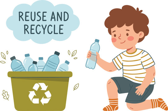 Cute cartoon boy putting plastic bottles into a green recycling bin flat vector illustration for eco friendly and sustainability concepts isolated on white background,