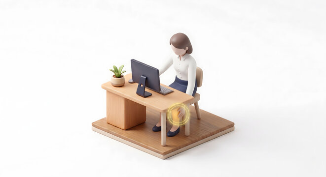 長時間のデスクワークで足のむくみや疲れを感じる女性会社員の3Dイラスト
