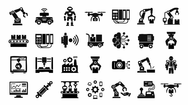 Industrial Automation and Robotics Technology Black Glyph Vector Icon Set