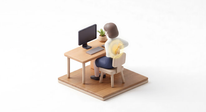 パソコン作業中に背中の張りや痛みを気にする女性会社員の3Dイラスト
