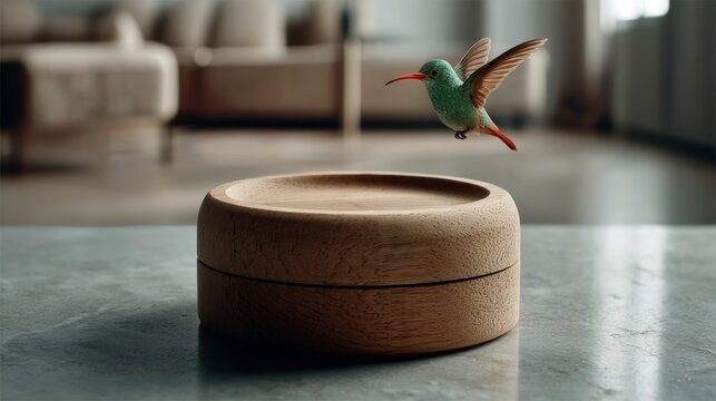 A hummingbird hovers near a wooden tray, its wings spread wide in a moment of flight.