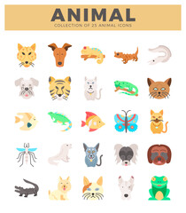 Obraz premium animal icons in a flat design with white background. Stylized animal faces and full bodies displayed in a grid format.