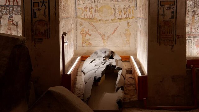 Broken stone sarcophagus of an ancient Egyptian pharaoh Ramesses inside a royal burial chamber of royal tomb KV 9, Valley of the Kings, Luxor, Egypt.