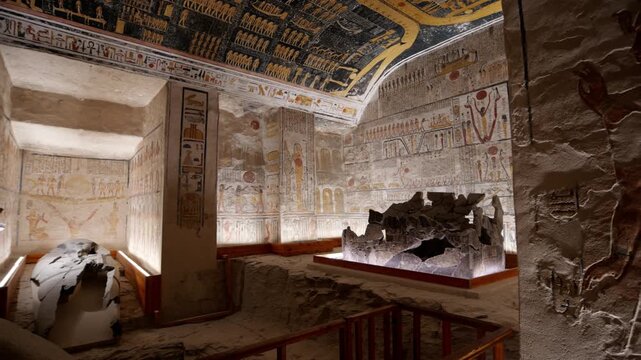 Broken stone sarcophagus of an ancient Egyptian pharaoh Ramesses inside a royal burial chamber of royal tomb KV 9, Valley of the Kings, Luxor, Egypt.