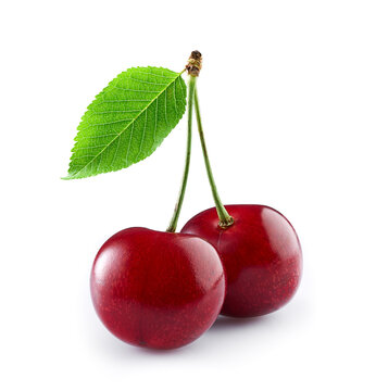 Cherry in closeup with leaf